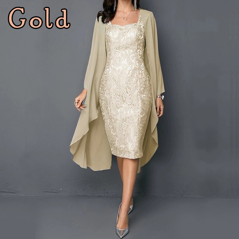 Knee length ladies, solid lace two evening dresses, plus size long sleeves