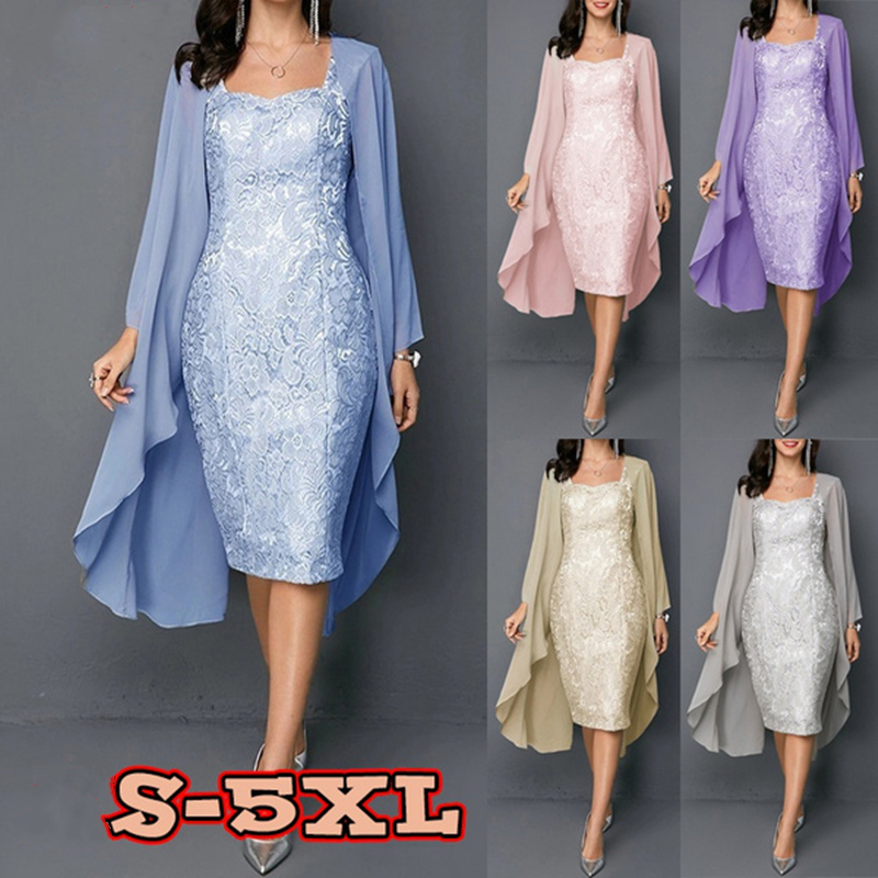 Knee length ladies, solid lace two evening dresses, plus size long sleeves