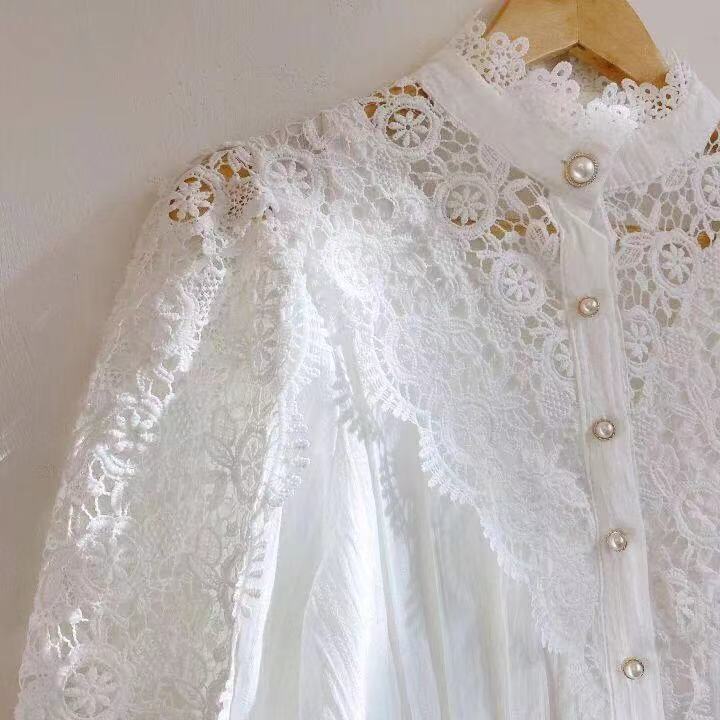 Fashion Long Sleeve Women Loose Lace Hollow Solid Pearls Color Casual T Shirts Blouse Clothing Lady's lace blouse