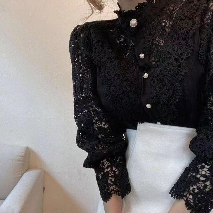 Fashion Long Sleeve Women Loose Lace Hollow Solid Pearls Color Casual T Shirts Blouse Clothing Lady's lace blouse