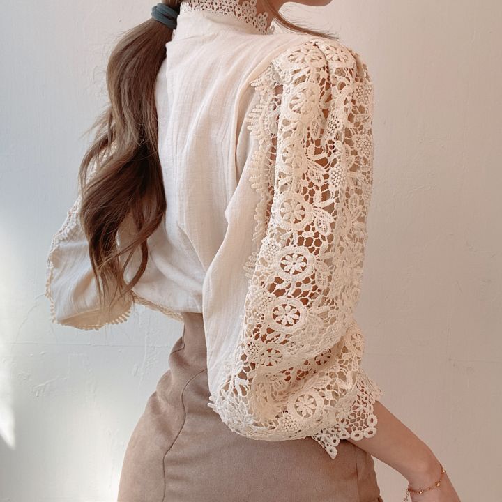 Fashion Long Sleeve Women Loose Lace Hollow Solid Pearls Color Casual T Shirts Blouse Clothing Lady's lace blouse
