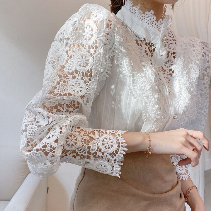 Fashion Long Sleeve Women Loose Lace Hollow Solid Pearls Color Casual T Shirts Blouse Clothing Lady's lace blouse