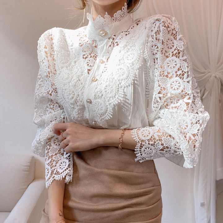 Fashion Long Sleeve Women Loose Lace Hollow Solid Pearls Color Casual T Shirts Blouse Clothing Lady's lace blouse