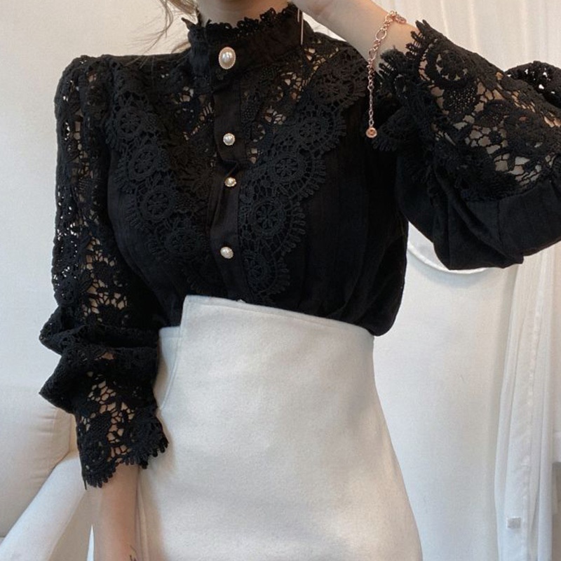 Fashion Long Sleeve Women Loose Lace Hollow Solid Pearls Color Casual T Shirts Blouse Clothing Lady's lace blouse
