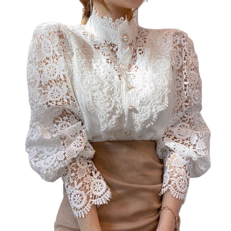 Fashion Long Sleeve Women Loose Lace Hollow Solid Pearls Color Casual T Shirts Blouse Clothing Lady's lace blouse