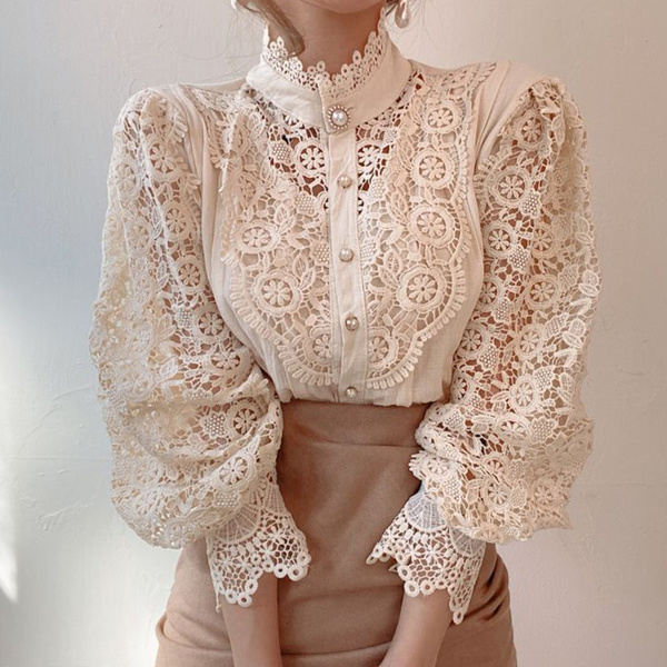 Fashion Long Sleeve Women Loose Lace Hollow Solid Pearls Color Casual T Shirts Blouse Clothing Lady's lace blouse