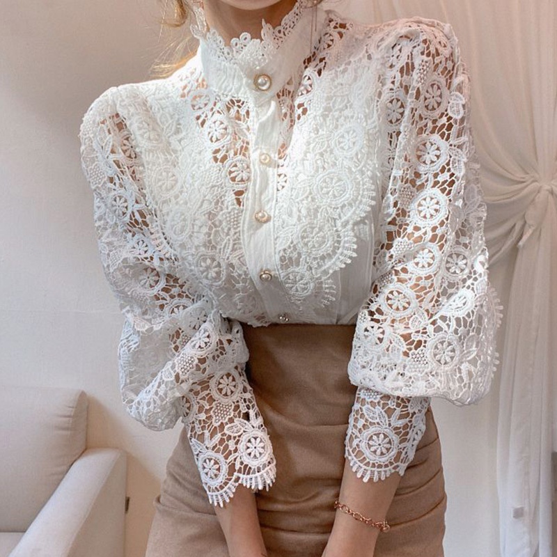 Fashion Long Sleeve Women Loose Lace Hollow Solid Pearls Color Casual T Shirts Blouse Clothing Lady's lace blouse