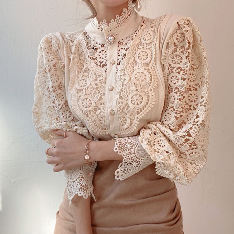 Fashion Long Sleeve Women Loose Lace Hollow Solid Pearls Color Casual T Shirts Blouse Clothing Lady's lace blouse