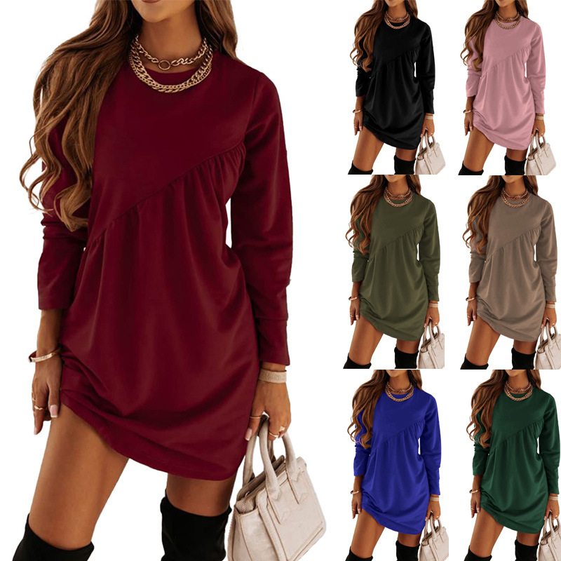 New Women's Dresses Solid long sleeve irregular round neck dress fashion dress