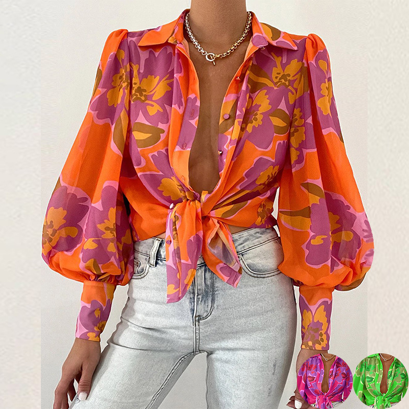 Ms shirts Sexy summer Dresses Long sleeved blouse with puffed sleeves and lapels Printed shirt