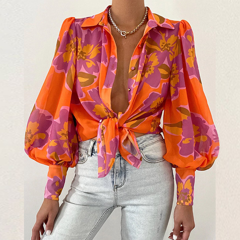 Ms shirts Sexy summer Dresses Long sleeved blouse with puffed sleeves and lapels Printed shirt