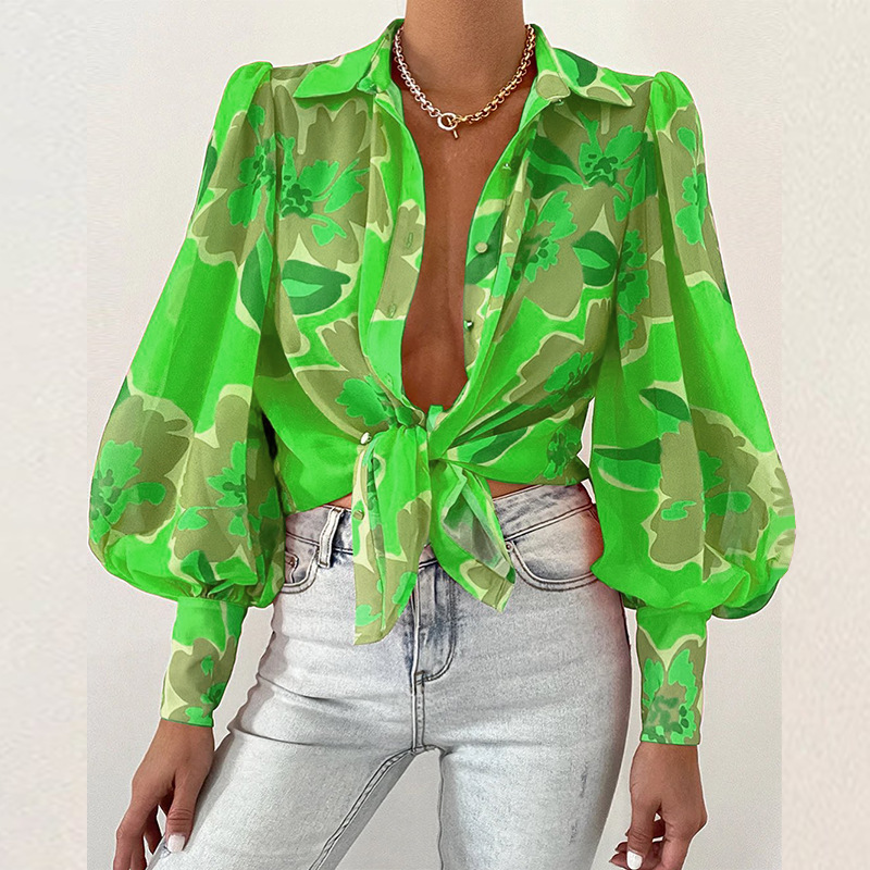 Ms shirts Sexy summer Dresses Long sleeved blouse with puffed sleeves and lapels Printed shirt