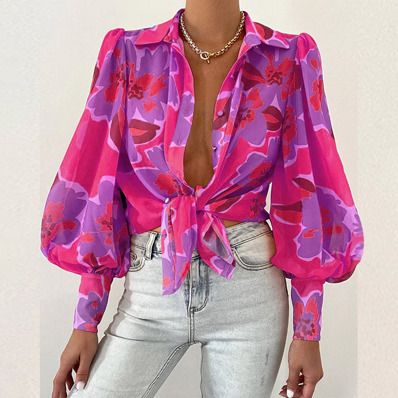 Ms shirts Sexy summer Dresses Long sleeved blouse with puffed sleeves and lapels Printed shirt