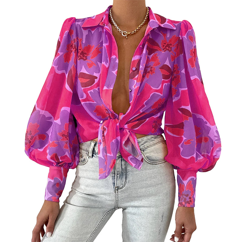 Ms shirts Sexy summer Dresses Long sleeved blouse with puffed sleeves and lapels Printed shirt