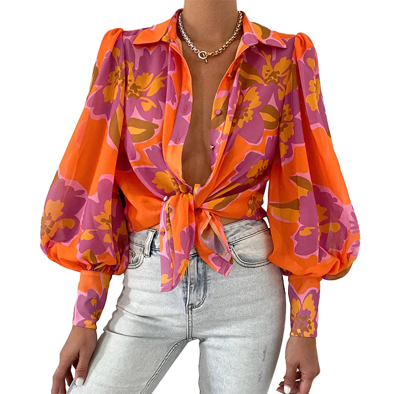 Ms shirts Sexy summer Dresses Long sleeved blouse with puffed sleeves and lapels Printed shirt