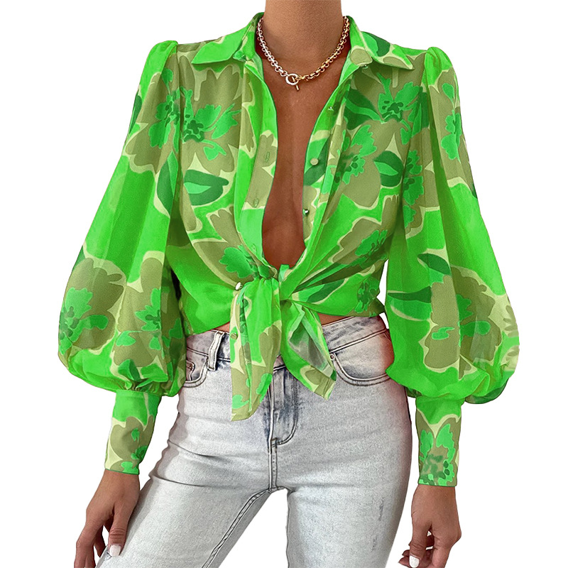 Ms shirts Sexy summer Dresses Long sleeved blouse with puffed sleeves and lapels Printed shirt