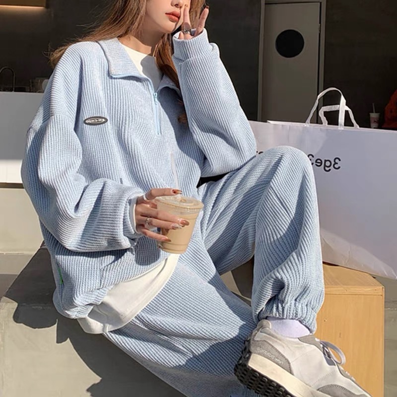New waffle hoodie set for spring Women's casual fashion sportswear two-piece set Sports two piece set hoodie set