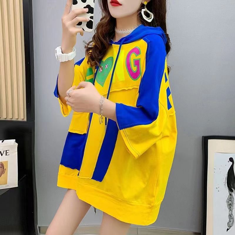Women's hooded T-shirt Loose fashion plus size women's wear New short sleeve T-shirt