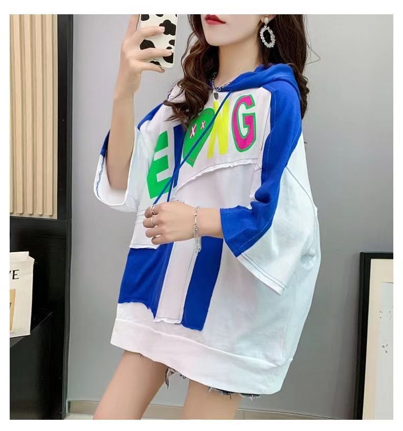 Women's hooded T-shirt Loose fashion plus size women's wear New short sleeve T-shirt
