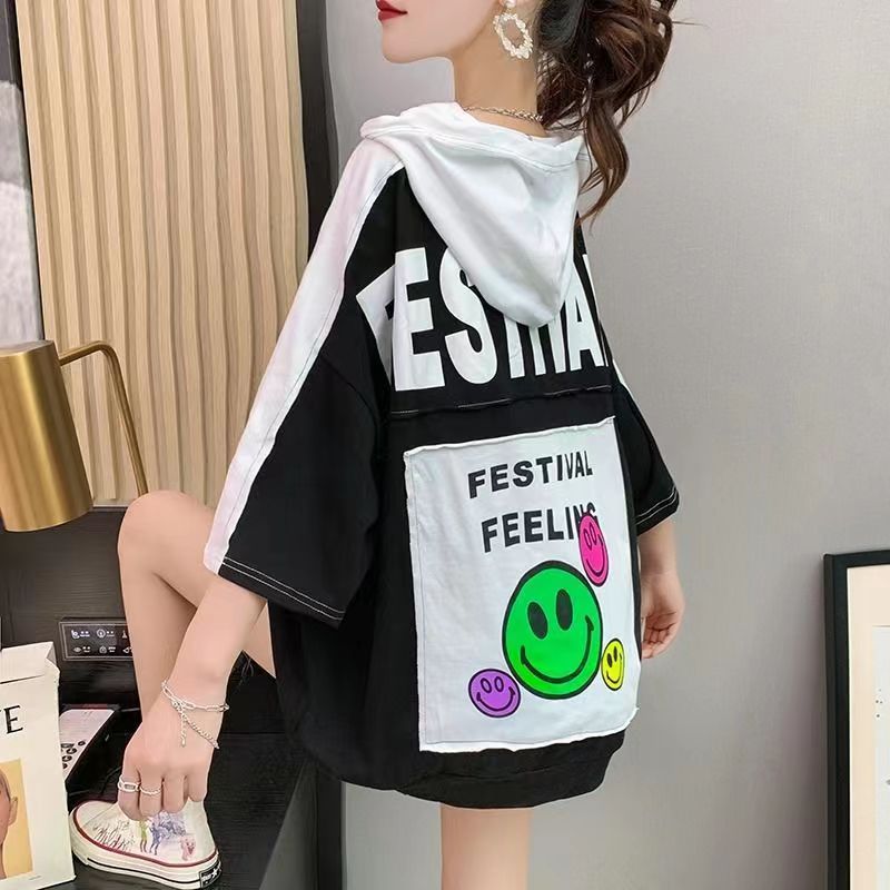 Women's hooded T-shirt Loose fashion plus size women's wear New short sleeve T-shirt