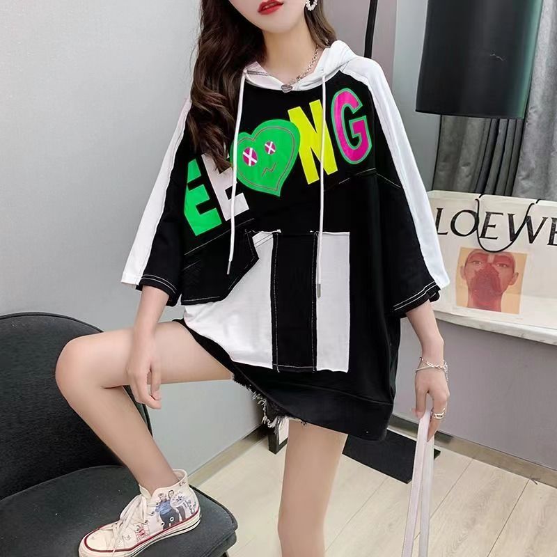 Women's hooded T-shirt Loose fashion plus size women's wear New short sleeve T-shirt