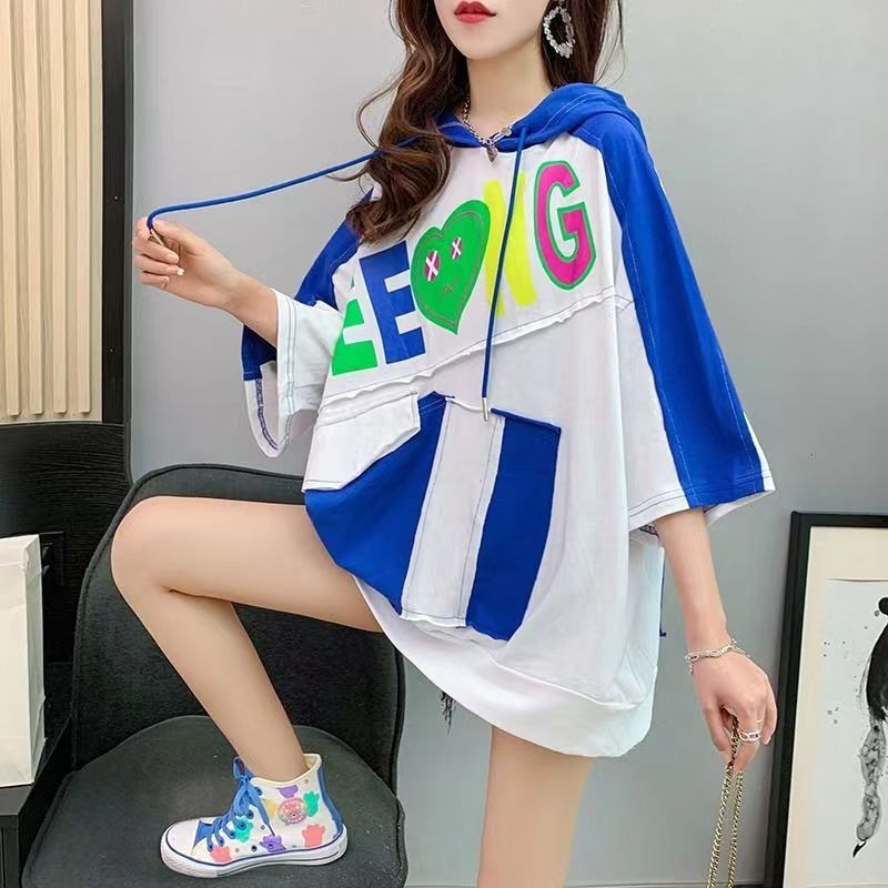 Women's hooded T-shirt Loose fashion plus size women's wear New short sleeve T-shirt