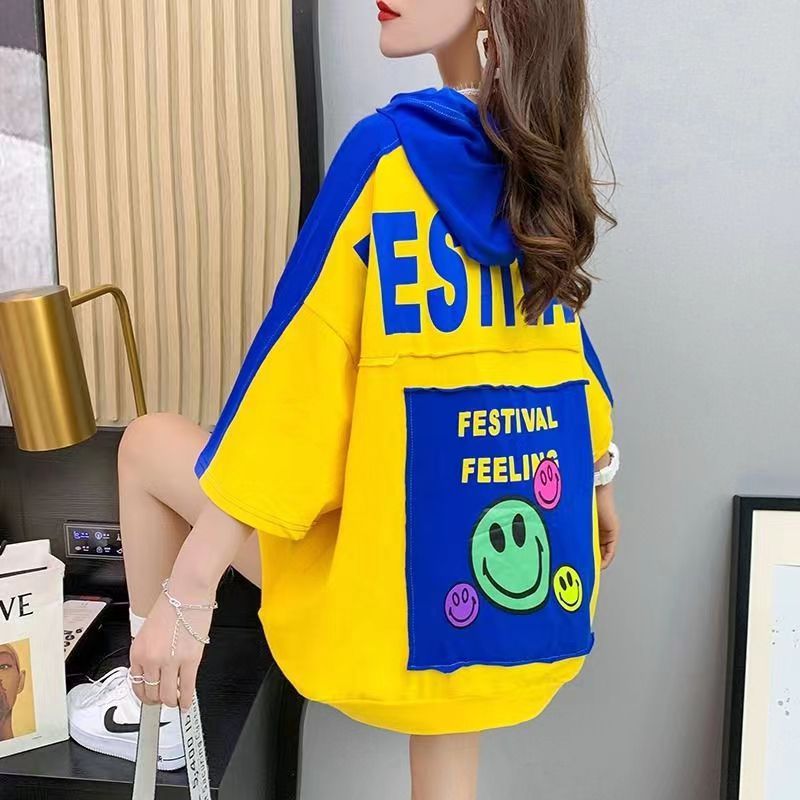 Women's hooded T-shirt Loose fashion plus size women's wear New short sleeve T-shirt