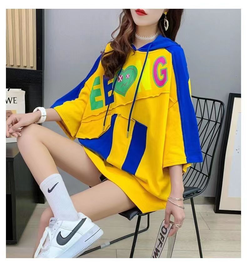 Women's hooded T-shirt Loose fashion plus size women's wear New short sleeve T-shirt