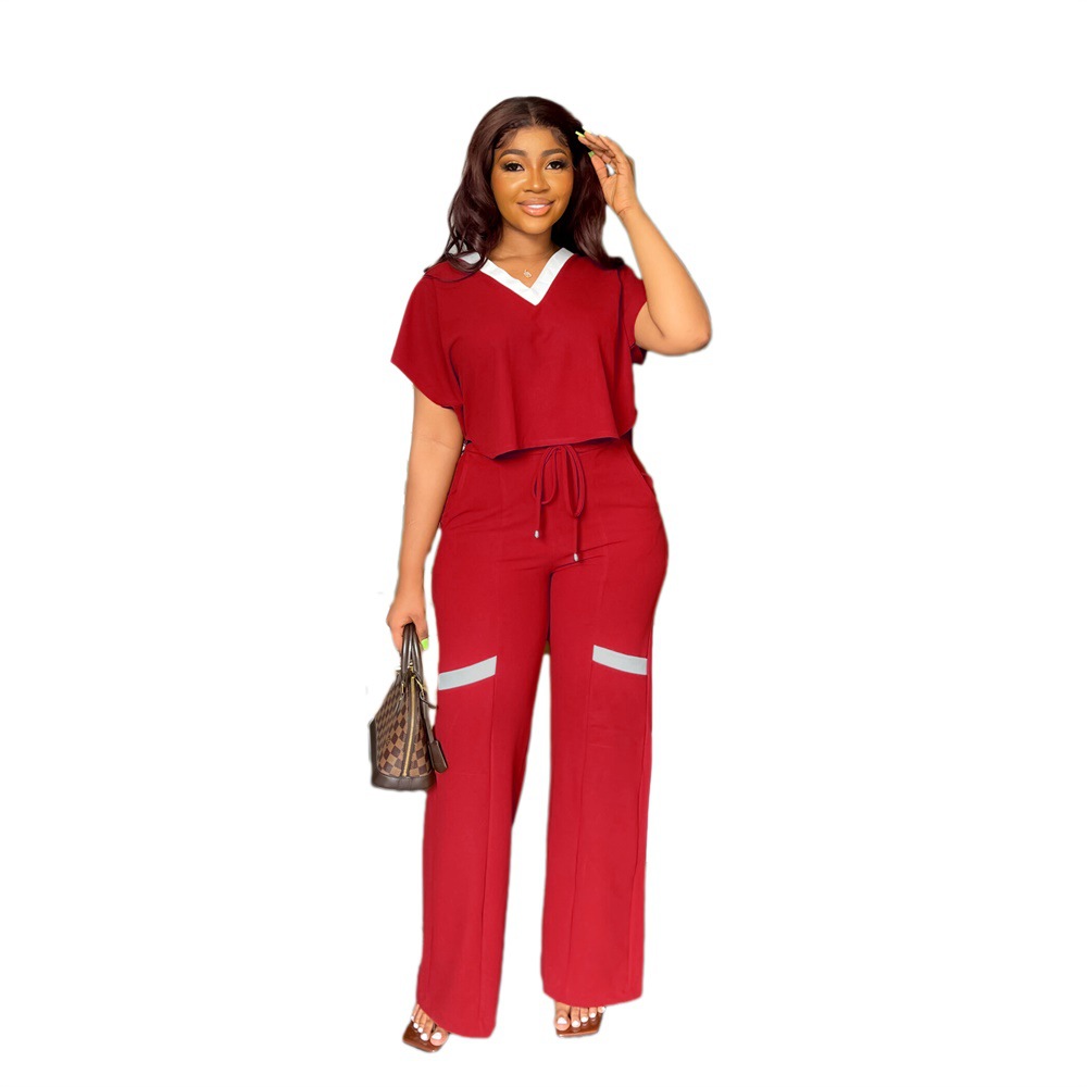New casual suit for women Solid color casual short-sleeved T-shirt tracksuit Straight-leg two-piece suit