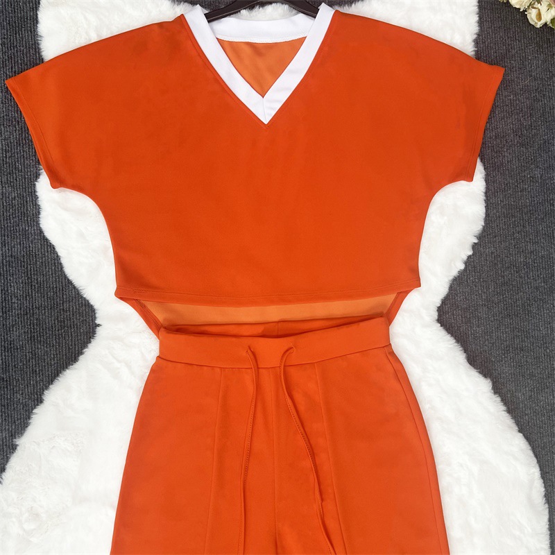 New casual suit for women Solid color casual short-sleeved T-shirt tracksuit Straight-leg two-piece suit