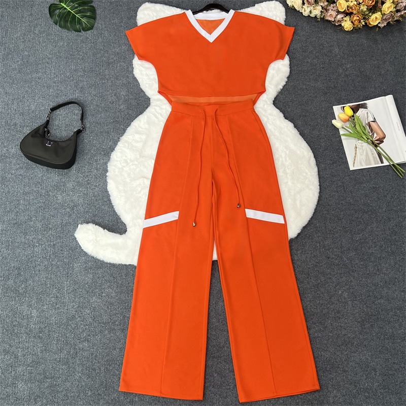 New casual suit for women Solid color casual short-sleeved T-shirt tracksuit Straight-leg two-piece suit