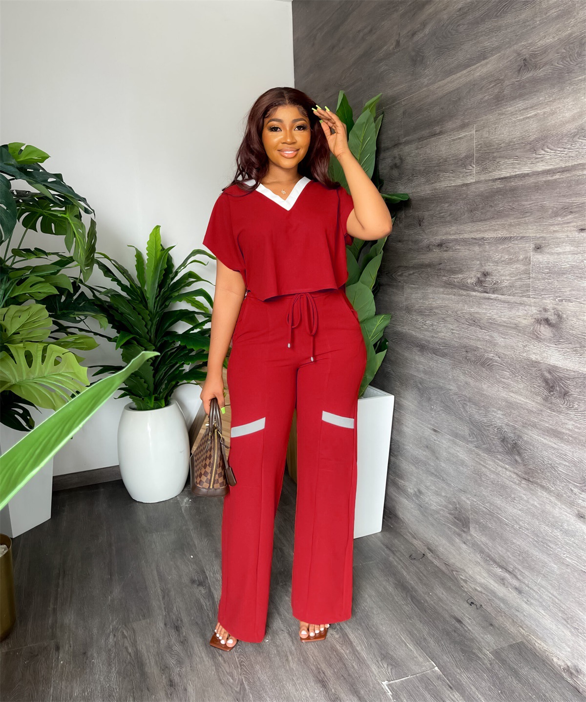New casual suit for women Solid color casual short-sleeved T-shirt tracksuit Straight-leg two-piece suit