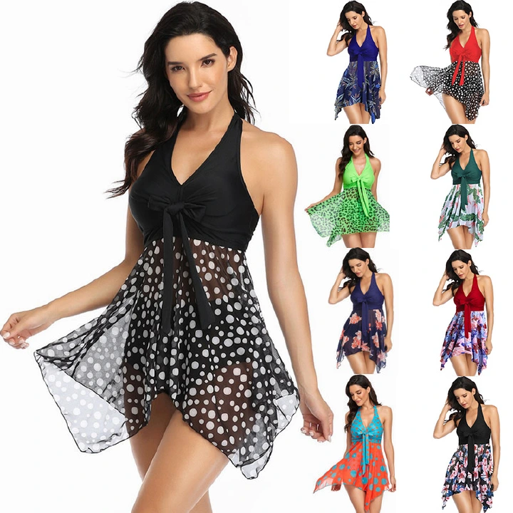 New swimwear for women Plus-size cross lace mesh dress Two-piece bikini Split skirt mesh swimsuit