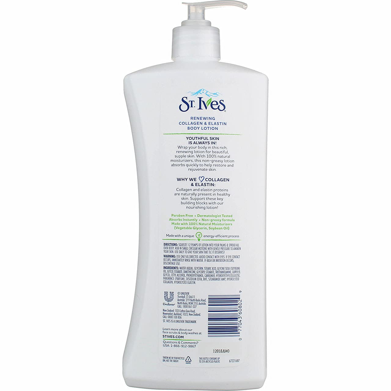 St. Ives Renewing Collagen Elastin Body Lotion with Soybean Oil, Organic Renewing Lotion for Smooth & Deeply Hydrated Skin-Paraben-Free & Non-Greasy-621ml.