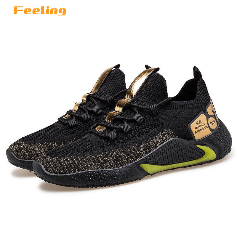 2021 men&apos;s shoes stretch cloth fashion sneakers black gold casual men&apos;s shoes running shoes