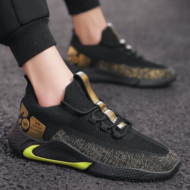 2021 men&apos;s shoes stretch cloth fashion sneakers black gold casual men&apos;s shoes running shoes