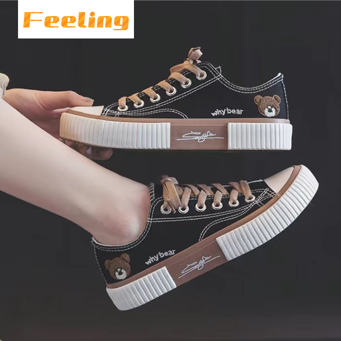 FEELING NEW women&apos;s shoes cute bear embroidery canvas shoes breathable fashion sneakers