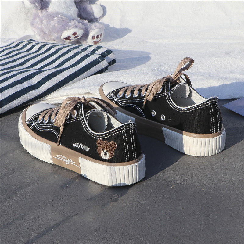 FEELING NEW women&apos;s shoes cute bear embroidery canvas shoes breathable fashion sneakers