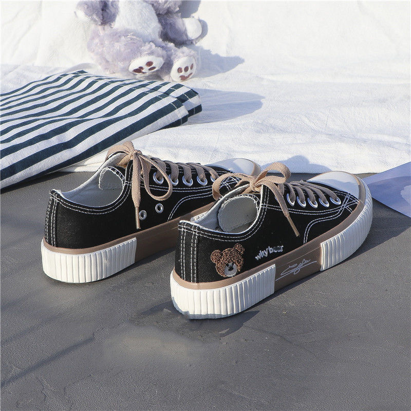 FEELING NEW women&apos;s shoes cute bear embroidery canvas shoes breathable fashion sneakers