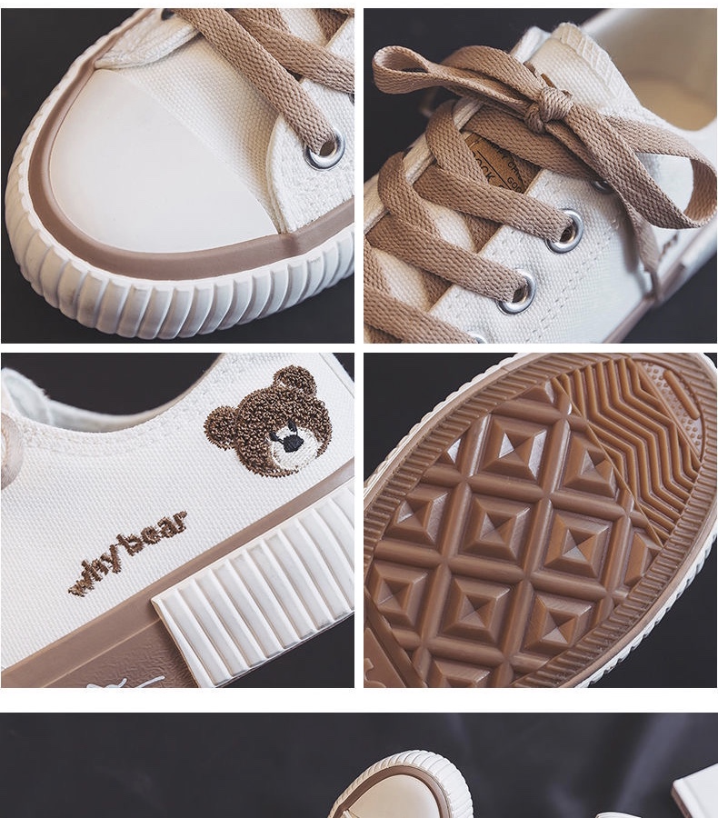 FEELING NEW women&apos;s shoes cute bear embroidery canvas shoes breathable fashion sneakers