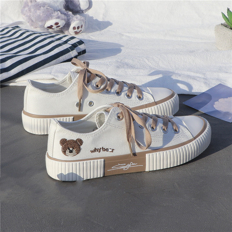 FEELING NEW women&apos;s shoes cute bear embroidery canvas shoes breathable fashion sneakers