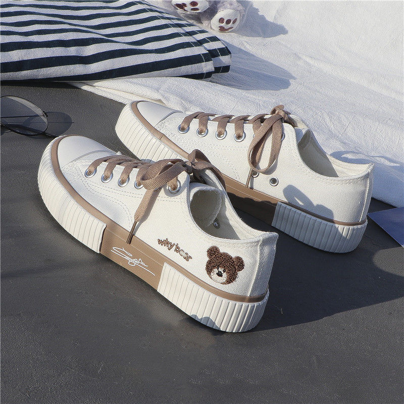 FEELING NEW women&apos;s shoes cute bear embroidery canvas shoes breathable fashion sneakers