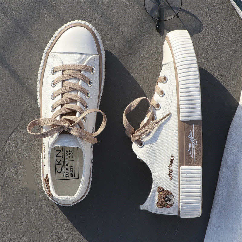 FEELING NEW women&apos;s shoes cute bear embroidery canvas shoes breathable fashion sneakers