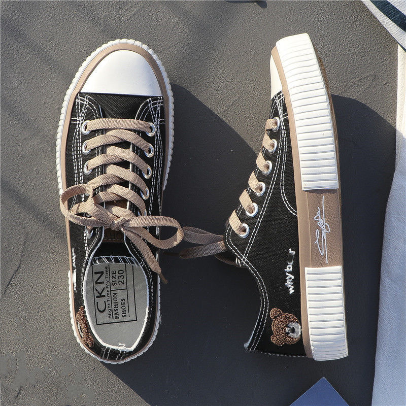 FEELING NEW women&apos;s shoes cute bear embroidery canvas shoes breathable fashion sneakers