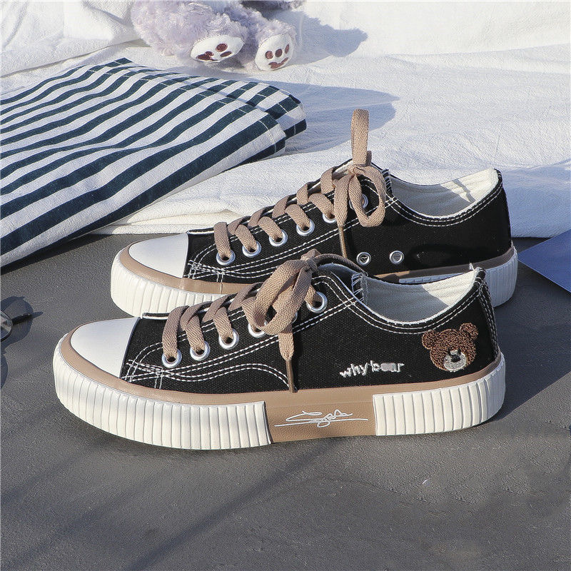 FEELING NEW women&apos;s shoes cute bear embroidery canvas shoes breathable fashion sneakers