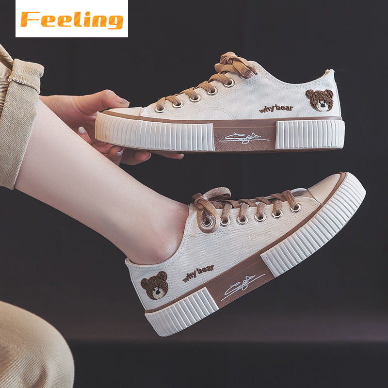 FEELING NEW women&apos;s shoes cute bear embroidery canvas shoes breathable fashion sneakers