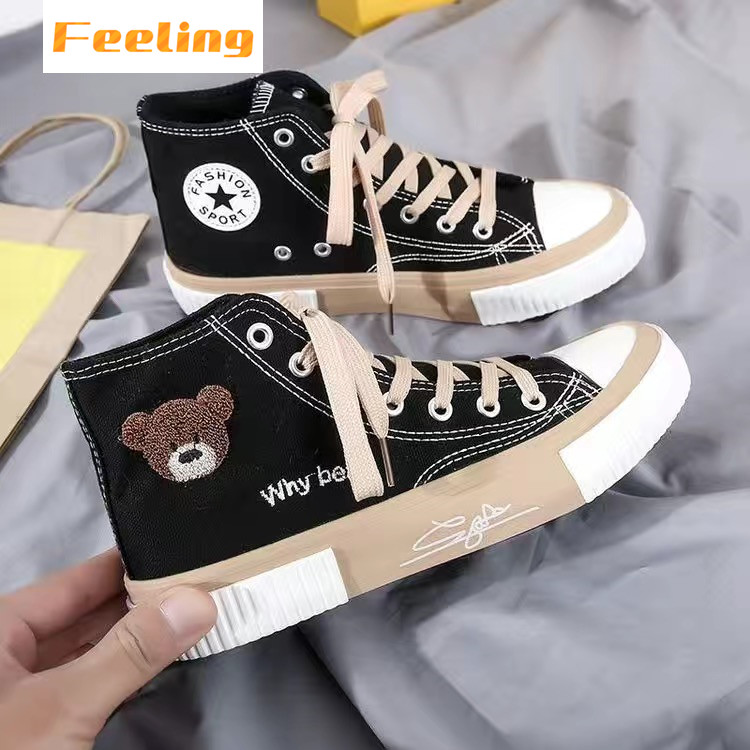 FEELING NEW canvas shoes women&apos;s shoes cartoon bear embroidery sneakers fashion cute ladies shoes