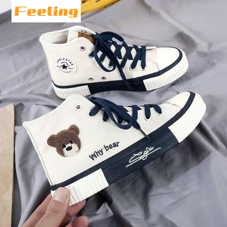 FEELING NEW canvas shoes women&apos;s shoes cartoon bear embroidery sneakers fashion cute ladies shoes