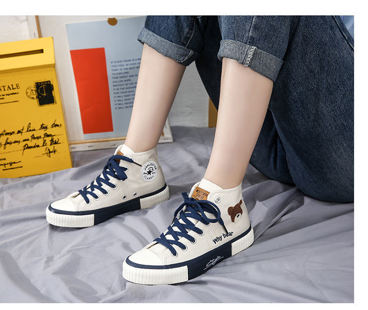 FEELING NEW canvas shoes women&apos;s shoes cartoon bear embroidery sneakers fashion cute ladies shoes