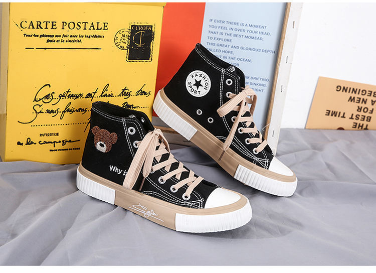 FEELING NEW canvas shoes women&apos;s shoes cartoon bear embroidery sneakers fashion cute ladies shoes